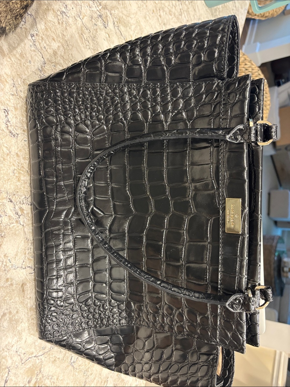 kate spade Black Croc-Embossed Leather Tote with Gold Plaque